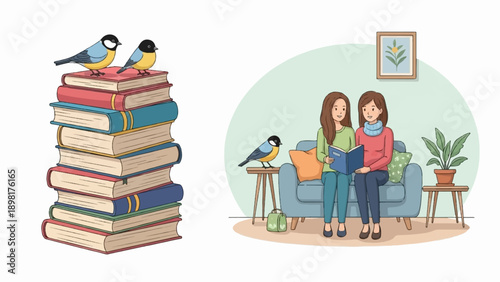 Two girls reading a book on the couch with a bird nearby
