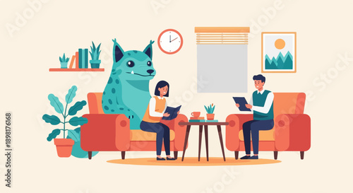 Two people and a creature in cozy room