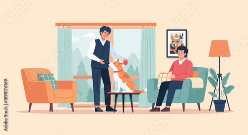 Two men and a dog relax in a cozy living room with a window view