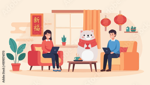 Two people and a cute polar bear relax indoors with laptops and tea