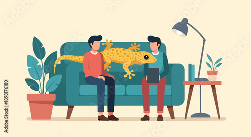Two men and a gecko sit on a teal couch with plants and a lamp
