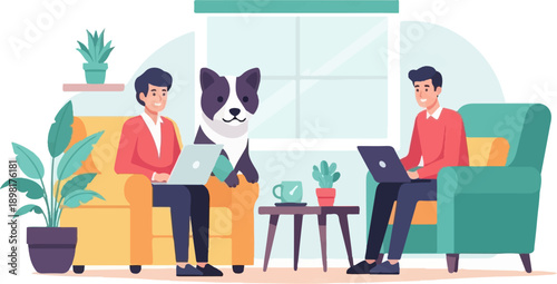 Two men and a dog working on laptops in a living room with plants