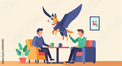 Two men and a winged dog in a cafe setting