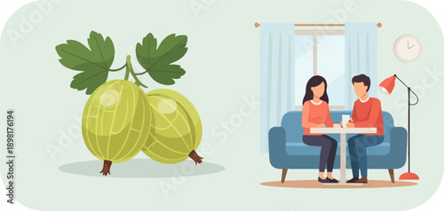 Two gooseberries on a vine next to a couple sitting on a couch