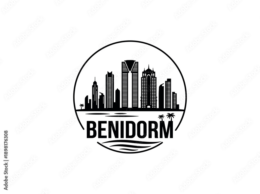 Fototapeta premium Benidorm city of Spain stylized black and white skyline logo with iconic architecture