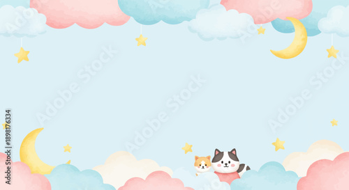 Two cute cats and a crescent moon float among pastel clouds and stars