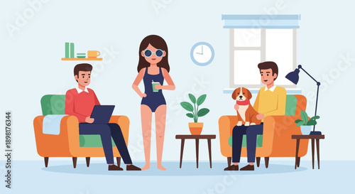 Two men and a woman relax in a living room with a dog and plant