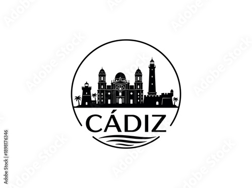 Wallpaper Mural Cadiz city of Spain stylized black and white skyline logo with iconic architecture Torontodigital.ca