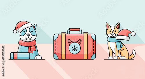 Two cute dogs wearing Santa hats and scarves with a suitcase between them