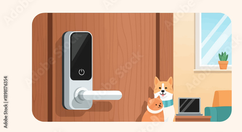 Two cute dogs waiting by the door with a smart lock and a laptop