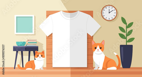 Two cute cats sit on a wooden shelf next to a blank white t-shirt