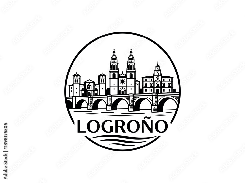 Obraz premium Logrono city of Spain stylized black and white skyline logo with iconic architecture