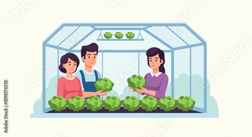Three smiling people tending to fresh lettuce plants inside a greenhouse