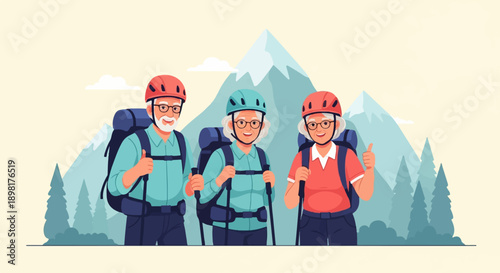 Three smiling seniors with backpacks and helmets hike mountains