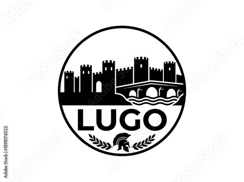 Wallpaper Mural Lugo city of Spain stylized black and white skyline logo with iconic architecture Torontodigital.ca