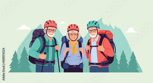 Three smiling senior hikers with backpacks and helmets stand in front of mountains