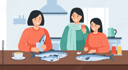 Three smiling women in a kitchen preparing fish
