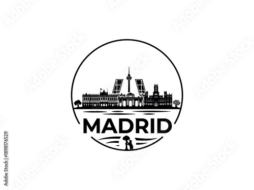 Wallpaper Mural Madrid city of Spain stylized black and white skyline logo with iconic architecture Torontodigital.ca