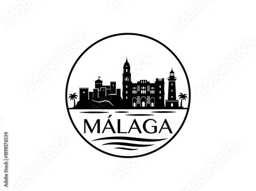 Wallpaper Mural Malaga city of Spain stylized black and white skyline logo with iconic architecture Torontodigital.ca
