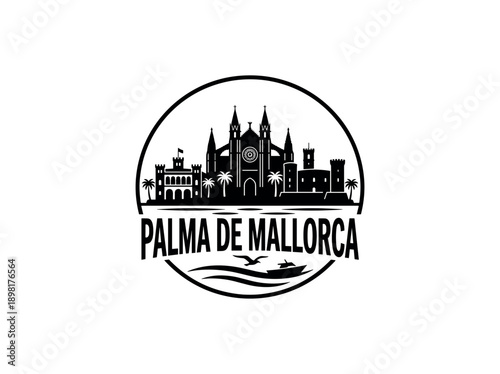 Palma de Mallorca city of Spain stylized black and white skyline logo with iconic architecture
