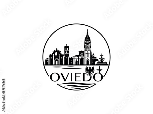 Wallpaper Mural Oviedo city of Spain stylized black and white skyline logo with iconic architecture Torontodigital.ca