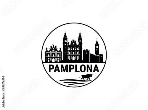 Pamplona city of Spain stylized black and white skyline logo with iconic architecture