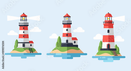 Three stylized lighthouses stand on small islands in calm water
