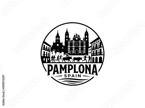 Pamplona city of Spain stylized black and white skyline logo with iconic architecture