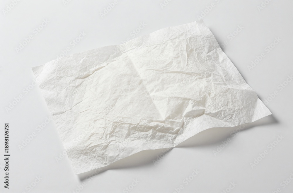 Obraz premium Close up of a single sheet of crumpled disposable white tissue paper or napkin isolated on a clean white background showing texture and wrinkles