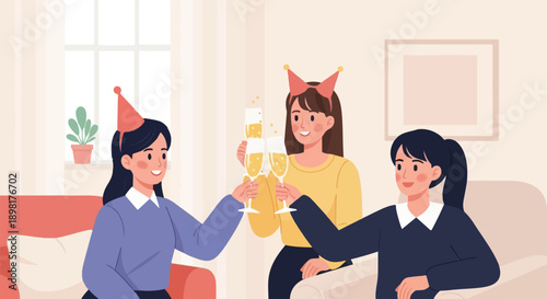 Three women in party hats clink champagne glasses in a cozy indoor setting