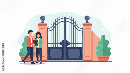 Two people discuss a document at a grand entrance with ornate gates