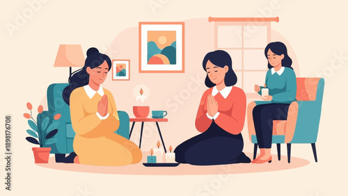 Three women meditating with candles and drinks in a living room