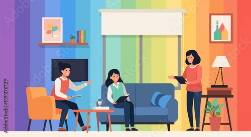 Three women interacting in a living room with a rainbow-striped wall