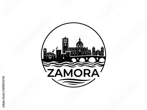 Wallpaper Mural Zamora city of Spain stylized black and white skyline logo with iconic architecture Torontodigital.ca