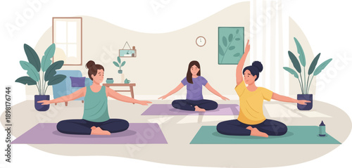 Three women practice yoga in a bright, home-like setting with plants