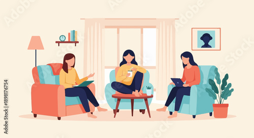 Three women relax in cozy armchairs in a living room setting