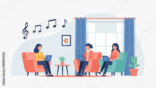 Three women relax on sofas, working on laptops with music notes floating above