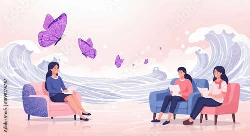 Three women sit in comfortable chairs, with purple butterflies fluttering above stylized waves