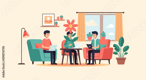 Three young men working on laptops and tablets in a cozy room