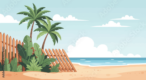 Tropical beach scene with palm trees, foliage, and ocean waves