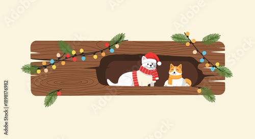 Two adorable pets wearing festive scarves and hats in a hollow log
