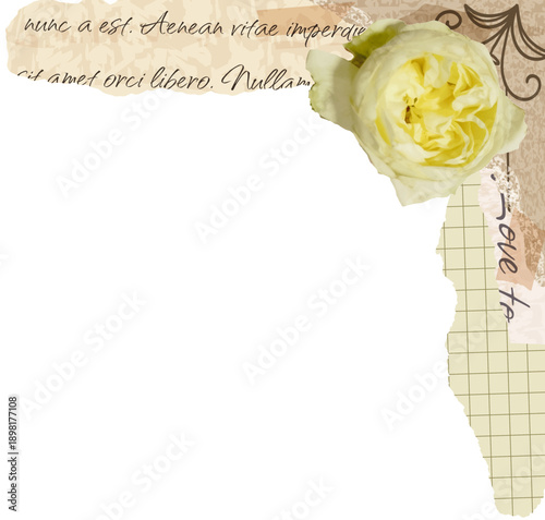 Colage corner frame with notebook grid paper and rose flower