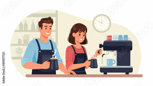 Two baristas making coffee with an espresso machine in a cafe