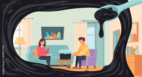 Two people in a living room, with a dark liquid pouring from a spoon