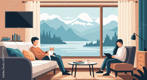 Two people and a cat relax indoors with a scenic mountain lake view