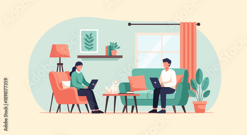 Two people and a cat relax in a cozy living room with laptops