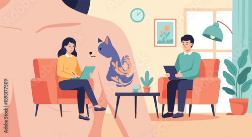 Two people in a room, one with a cat tattoo, talking on couches