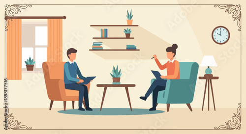 Two people in a room sitting in chairs, one appears to be a therapist