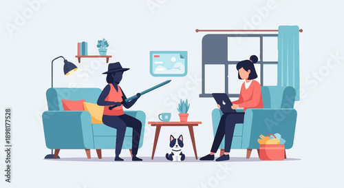 Two people, a dog, and their belongings in a living room