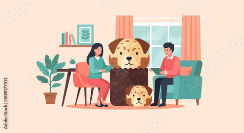 Two people and dogs in a living room